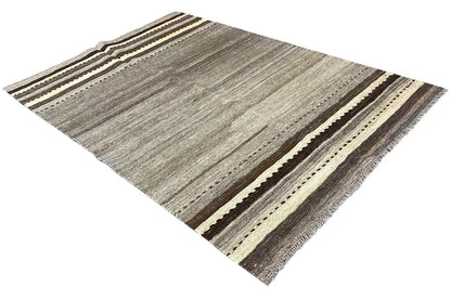 Kilim rug, shown folded: gray-brown striped pattern with contrasting borders