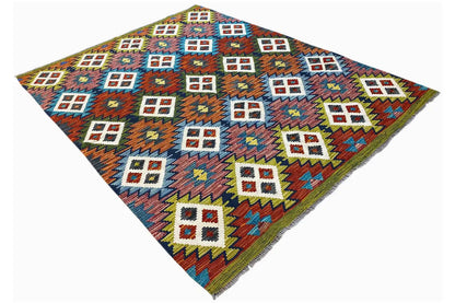Kelim Afghan rug lying flat, patterned diamonds and zigzags, multicolored