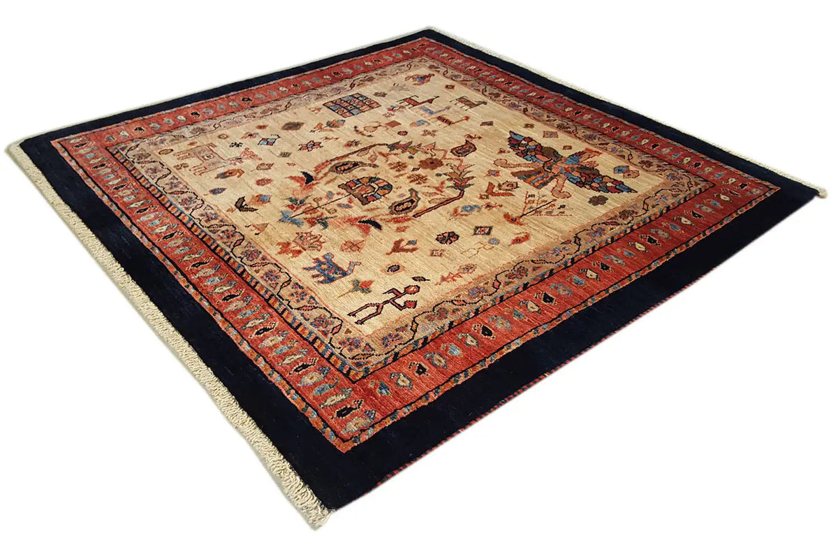 Square rug with a red border and beige central medallion, dark blue edging