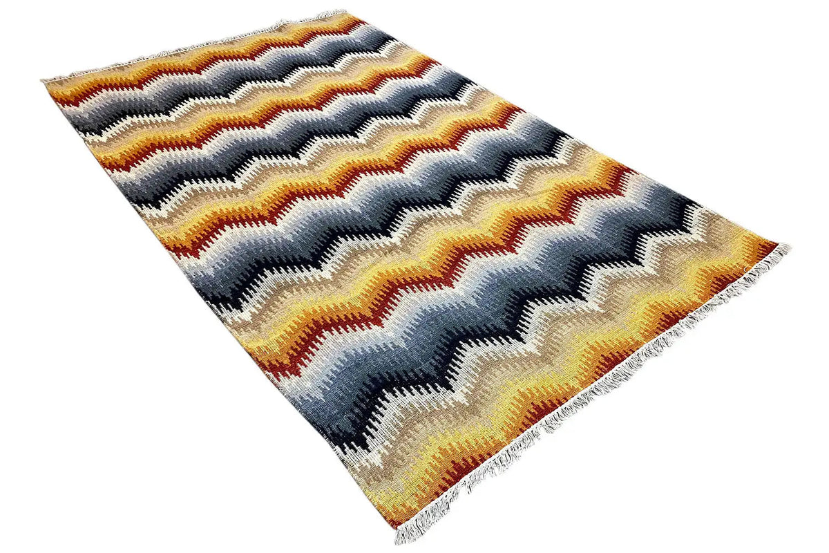 Kilim rug 160x230 cm with zigzag waves in blue, cream, and orange