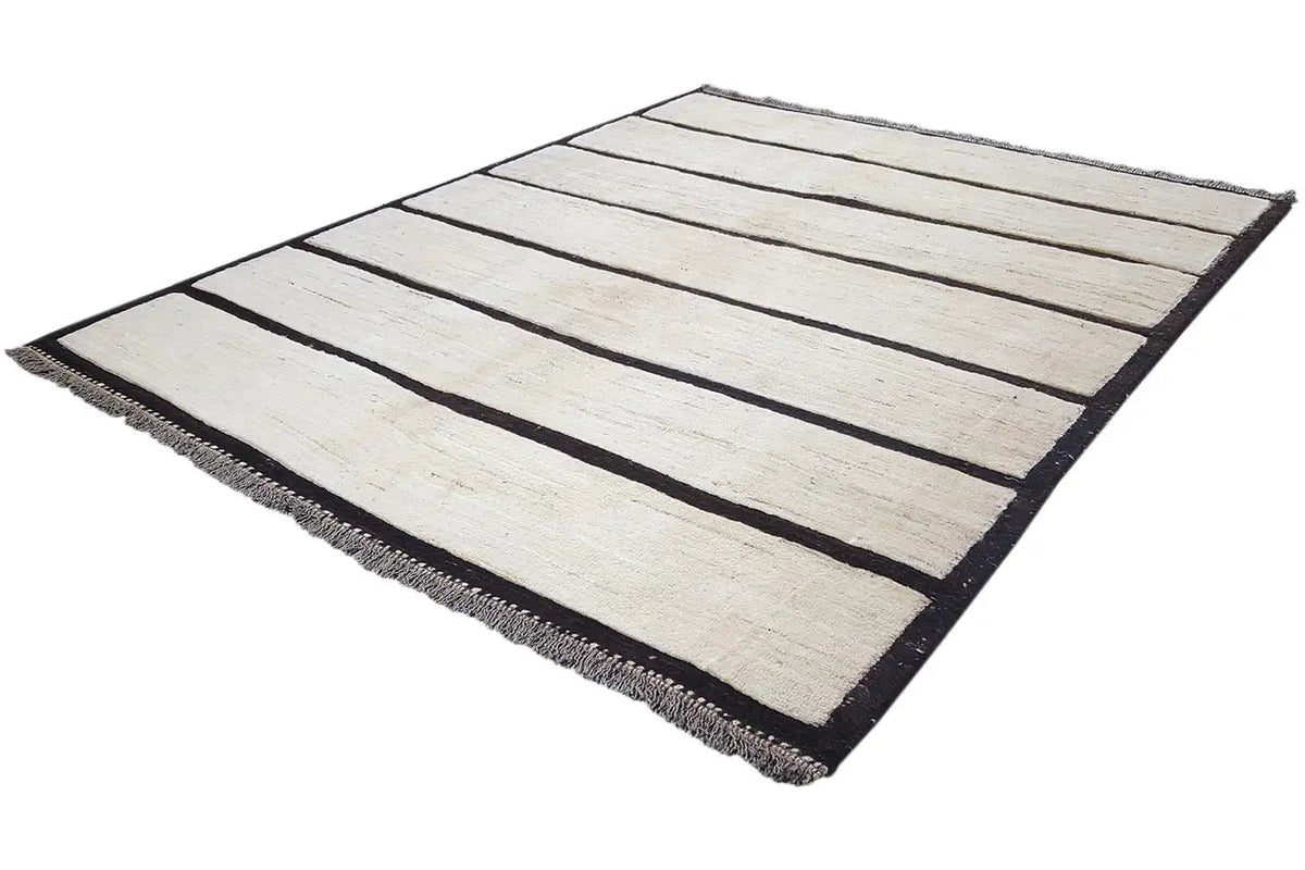 Gabbeh rug, flat-woven, beige background with dark horizontal stripes, 190x155 cm