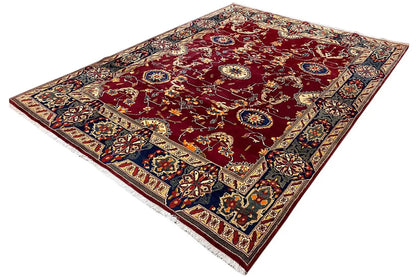 Bakhtiari rug, maroon background, finely ornamented border, diagonal view