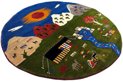 Round Gabbeh rug (101×101 cm) with a blue river, figures, and trees