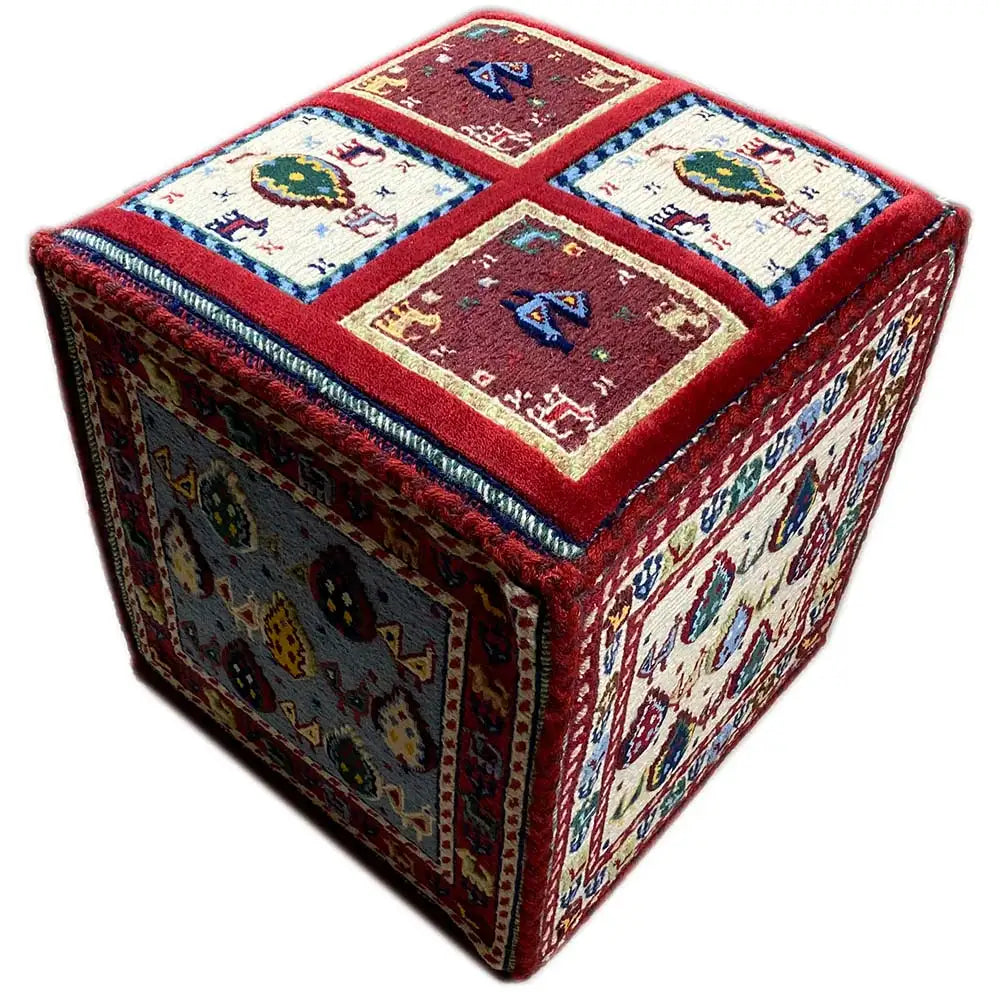 Soumak rug with a red border and multicolored ornamental panels on the side.