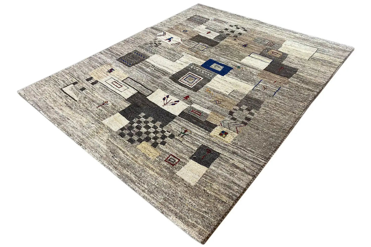 Gabbeh rug 192x152 cm, light gray with dark blocks, beige areas, and red accents