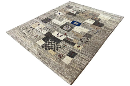 Gabbeh rug 192x152 cm, light gray with dark blocks, beige areas, and red accents