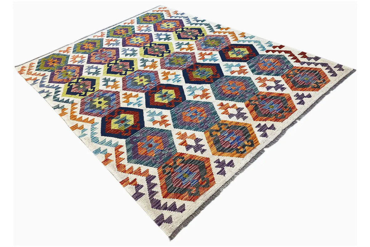 Afghan kilim rug diagonal, colorful diamonds and zigzag elements