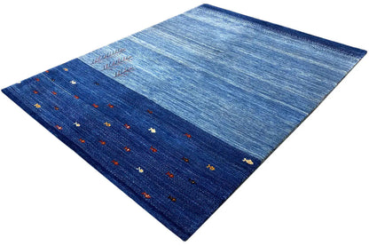 Lori gabbeh rug in blue with tree ornament and colorful rows of dots, 193x150 cm