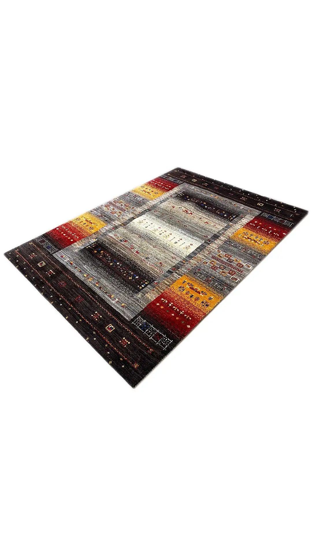 Carpet in three-quarter view, with a central light-colored field and colorful border motifs