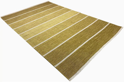 Flat-weave kilim rug, diagonal ochre-green stripes with white lines