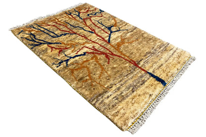 Gabbeh Lori rug (86x61 cm), angled, beige pile with a tree pattern in blue and red, fringes.