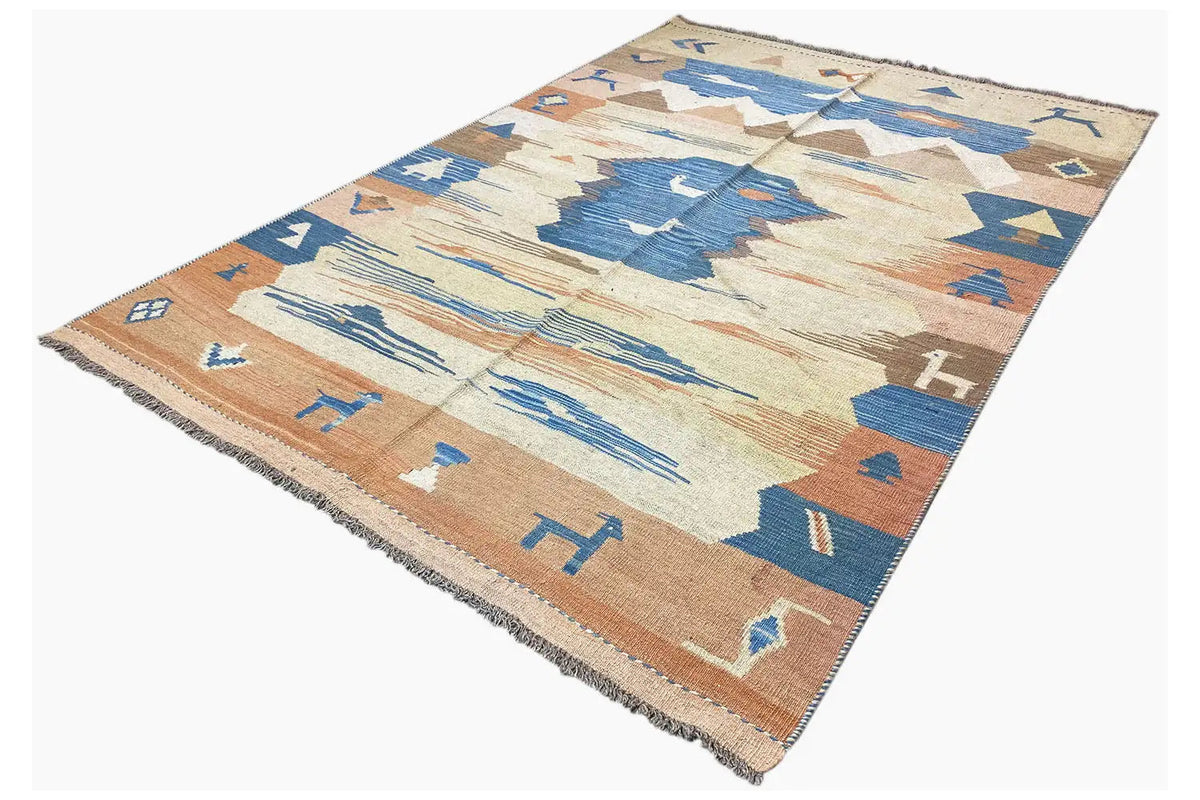 Diagonal kilim rug with a landscape motif, light brown background and blue accents