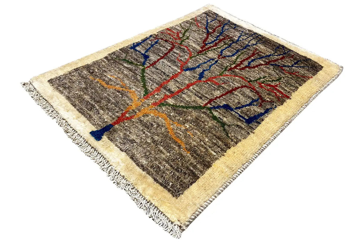 Gabbeh Lori rug 134x62 cm, dark gray with colorful lines, beige border and tassels