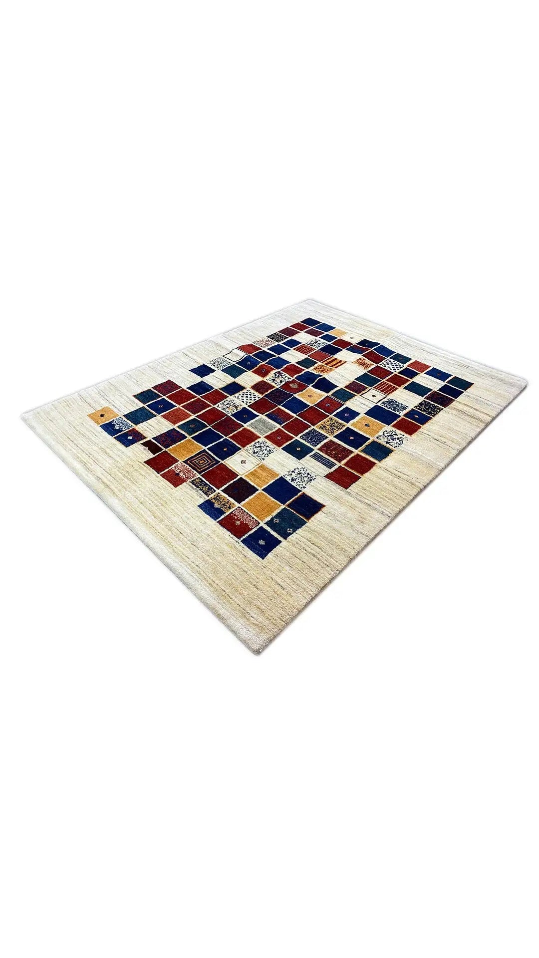 Square Gabbeh rug in landscape format with a checked pattern in blue and red