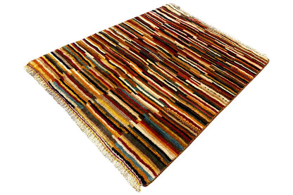 Gabbeh Lori rug 84x68 cm, diagonal view, multicolored stripes, fringe