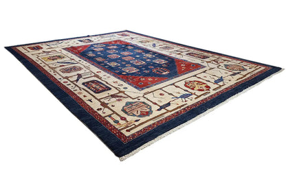 Qashqai exclusive rug, diagonal view: cream-colored border with blue field