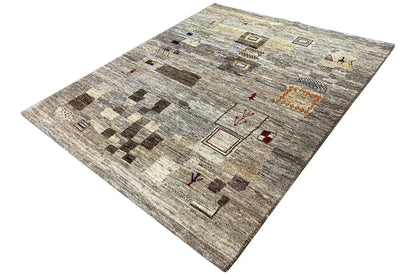 Gray Gabbeh rug with dark tile patterns and red borders