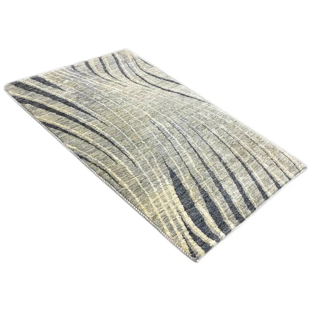 Gabbeh rug, beige background with dark blue wavy lines, rectangular, 89x56 cm