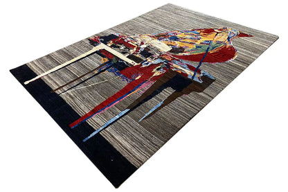 Gabbeh-Lori rug with an abstract design, gray field, dark borders, laid flat