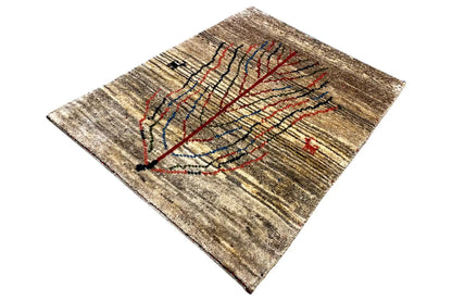 Gabbeh rug with tree motif, beige: red and blue lines, angular fringes