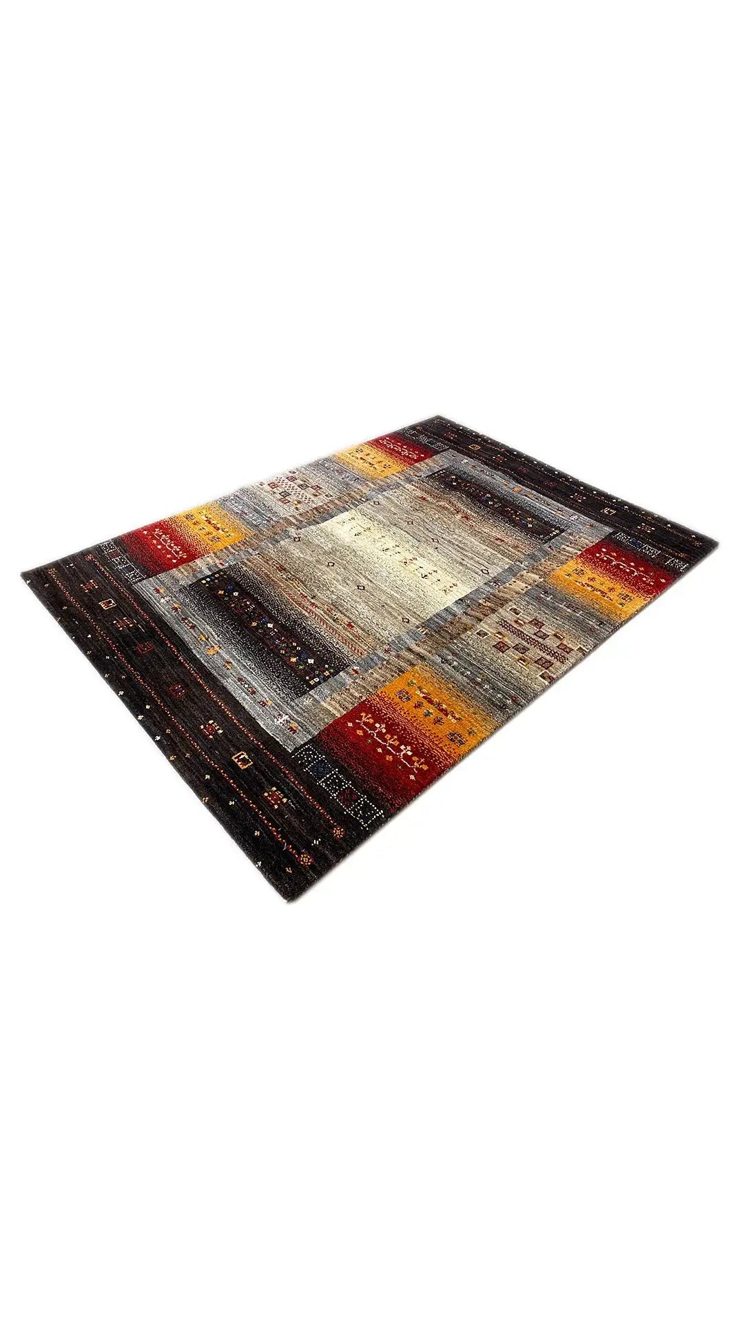 Rug with a Gabbeh pattern: dark background with gray, red, and yellow areas
