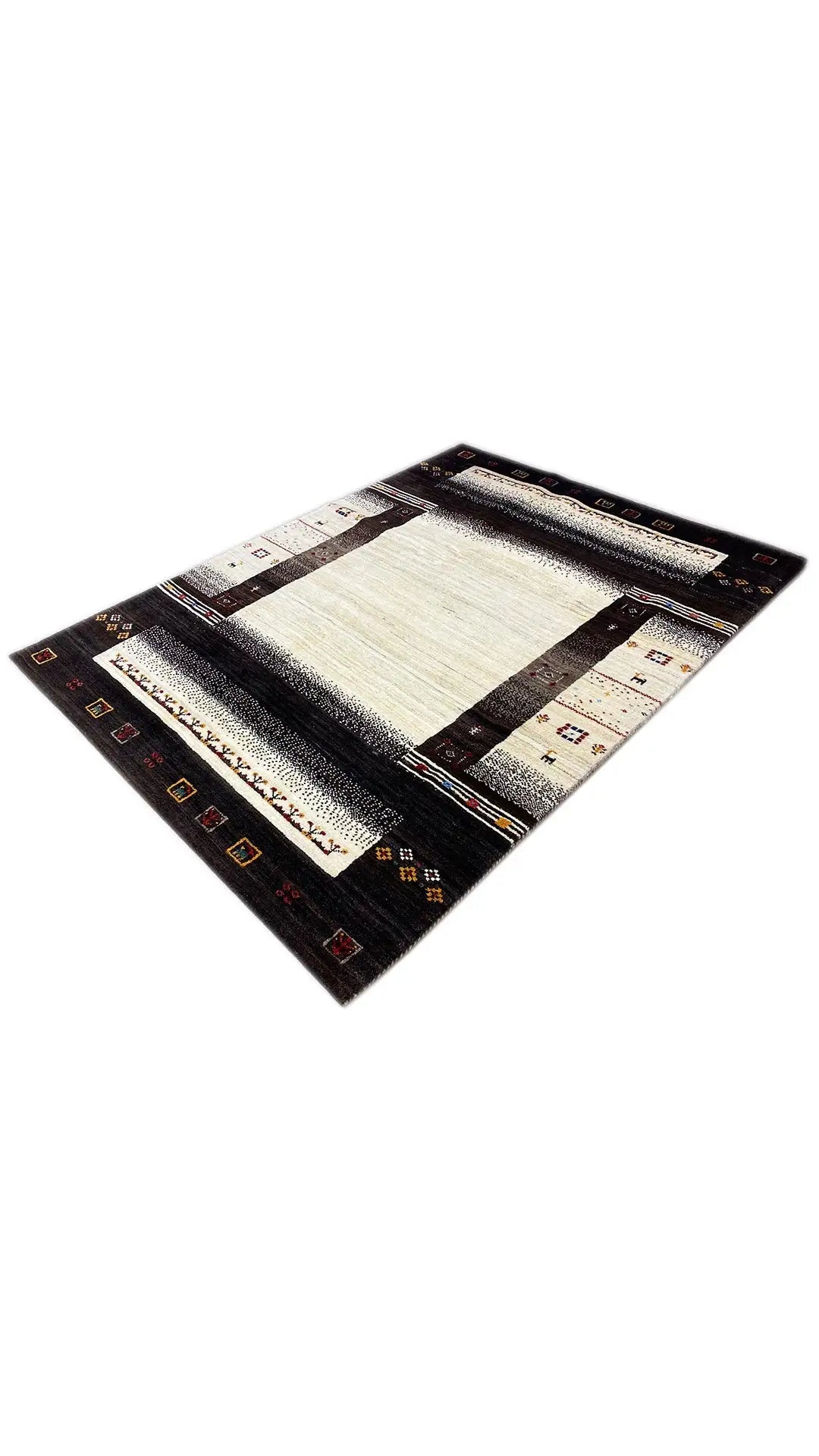 Rug in angled view: cream-colored center, dark border, and decorative elements along the edges