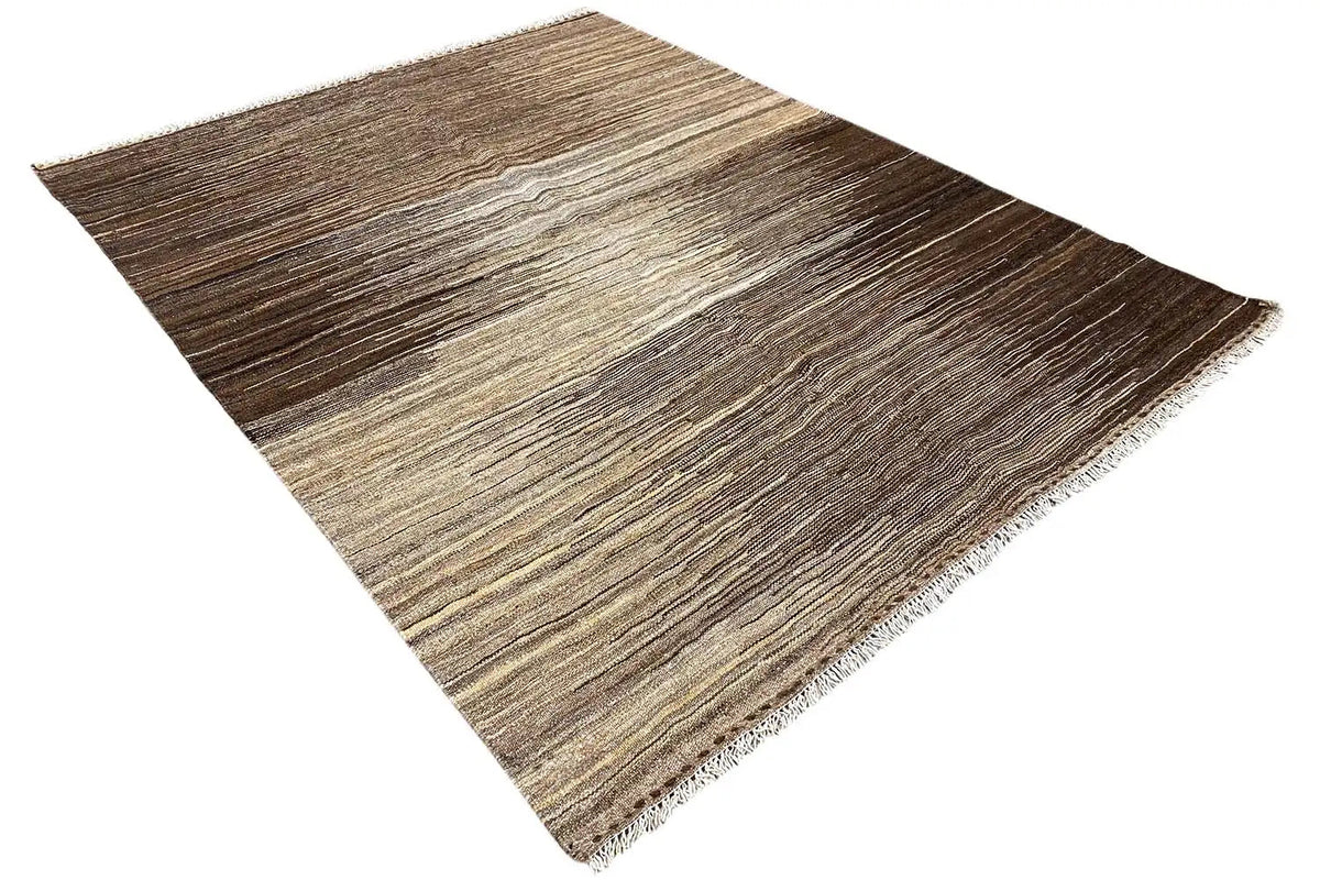 Rectangular kelim rug, light beige and dark brown stripes, finished hem with fringes