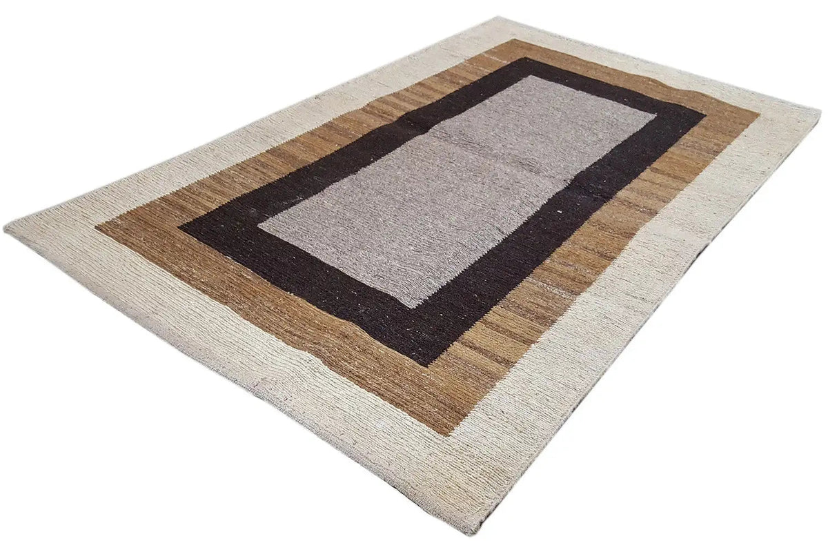 Kilim rug with wide stripes and a gray central rectangle, cream and brown