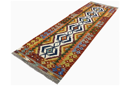 Afghan kilim runner with border and diamond motifs, side fringes