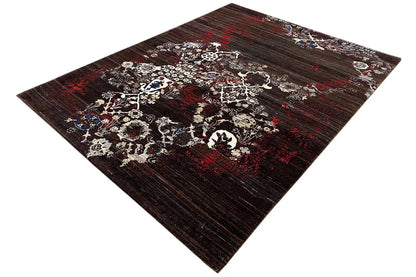 Gabbeh rug diagonal view: dark background with a red gradient and white ornaments