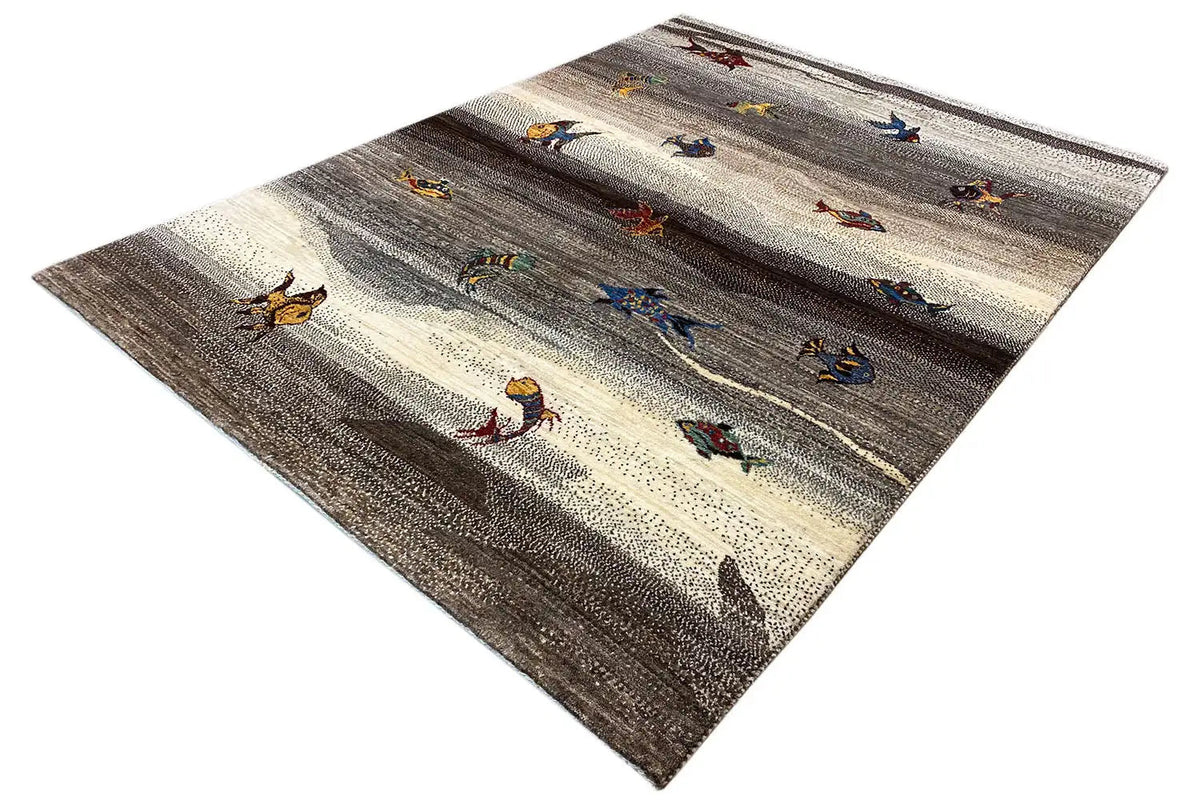 Gabbeh rug 215x154 cm with a band design in gray and beige and colorful figures