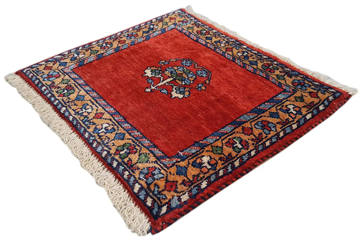 Red patterned rug with a blue-and-gold border, central medallion, and fringe