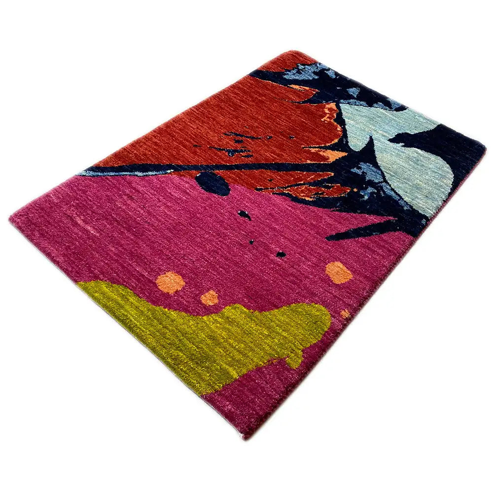 Gabbeh rug 89x60 cm with an abstract design in pink, red, blue, and yellow-green
