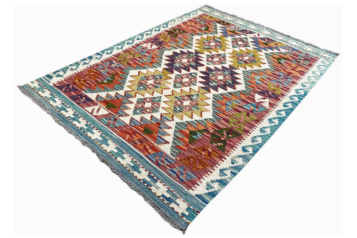 Afghan kilim 142x98 cm, diagonal view, geometric pattern with colorful bars