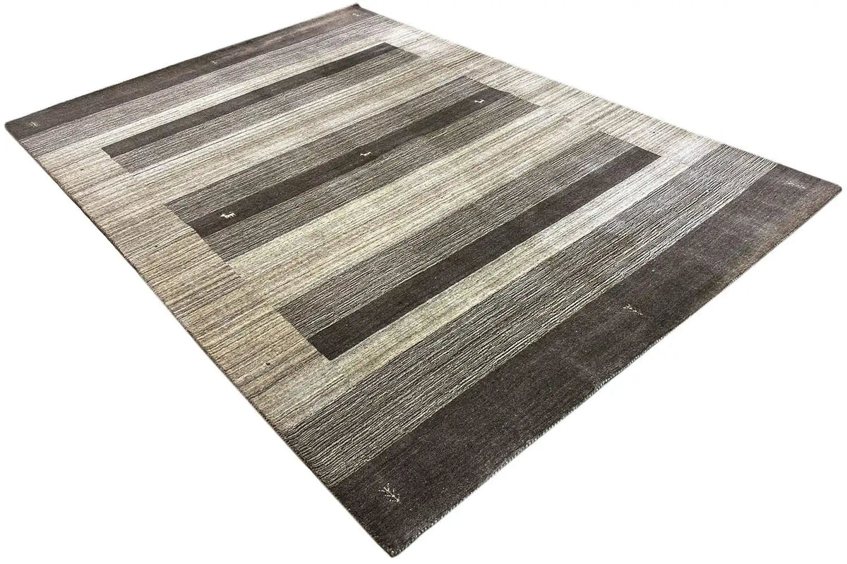 Gabbeh rug triangular perspective: gray, beige, and brown stripes with edges