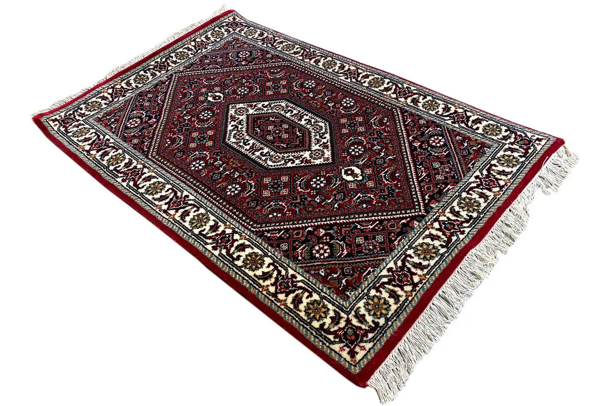 Bidjar rug 93x62 cm, decorative border pattern in burgundy and cream, fringes