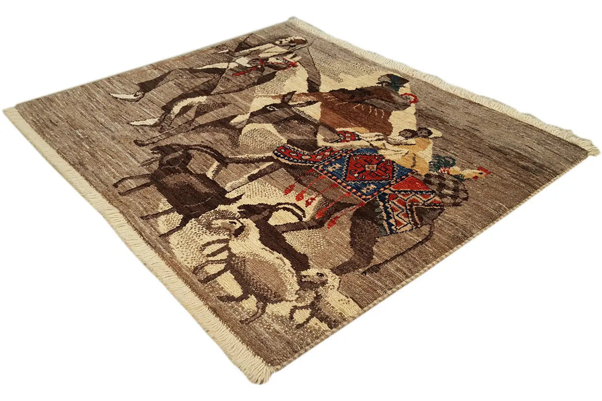 Small 78x77 cm rug with equestrian motifs and colorful details, draped diagonally