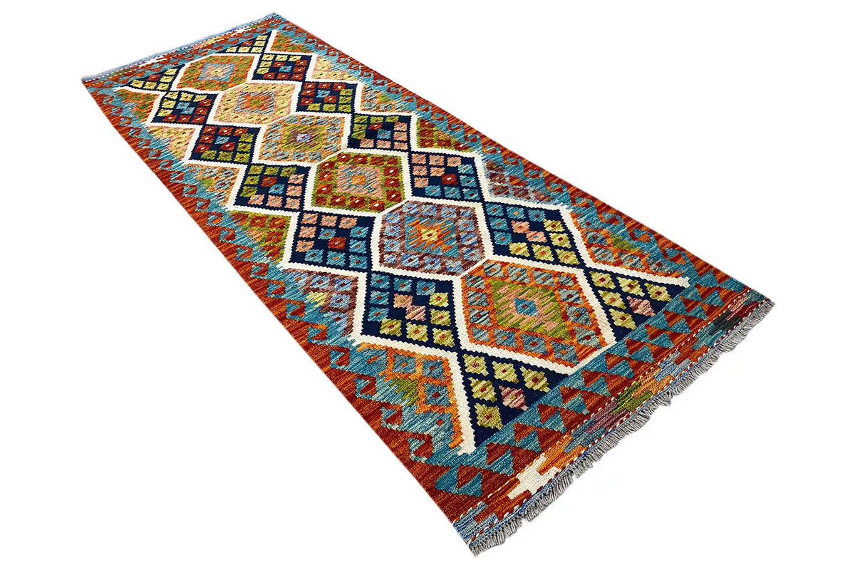 Afghan kilim runner 237×83 cm with zigzag and diamond fields, multicolored