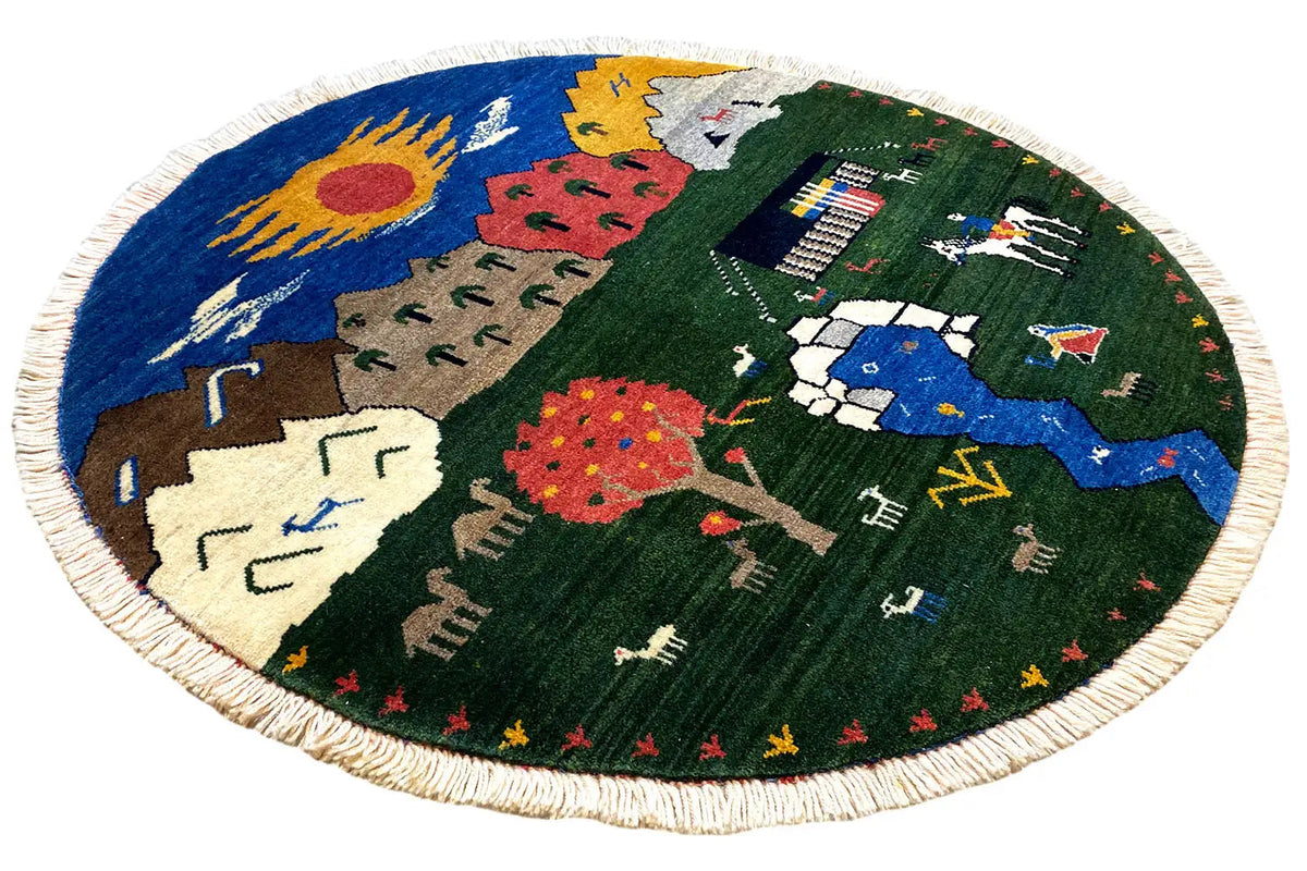 Round rug 96x96 cm: green, colorful landscape motifs with sun and figures