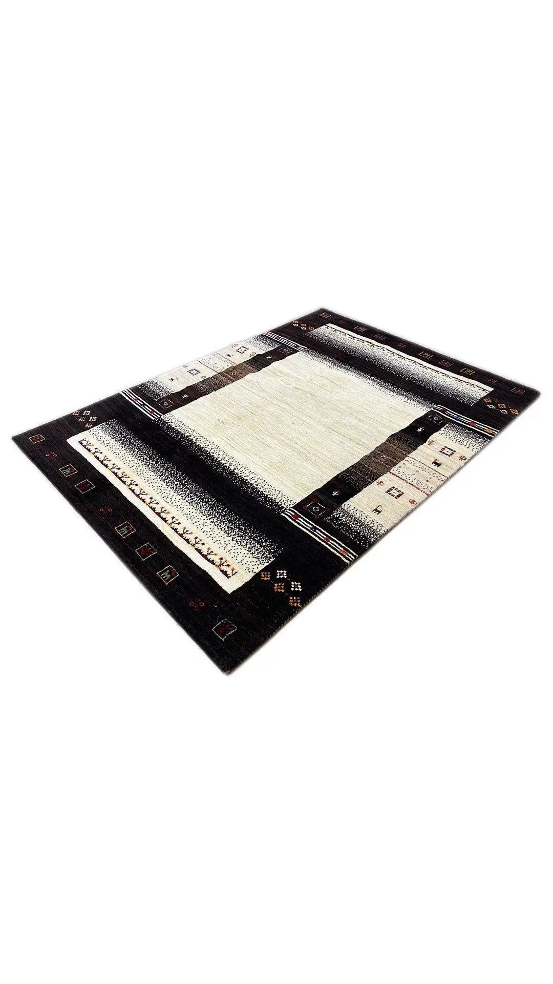 Gabbeh rug in an angled view with a dark border, cream-colored center, and small ornaments