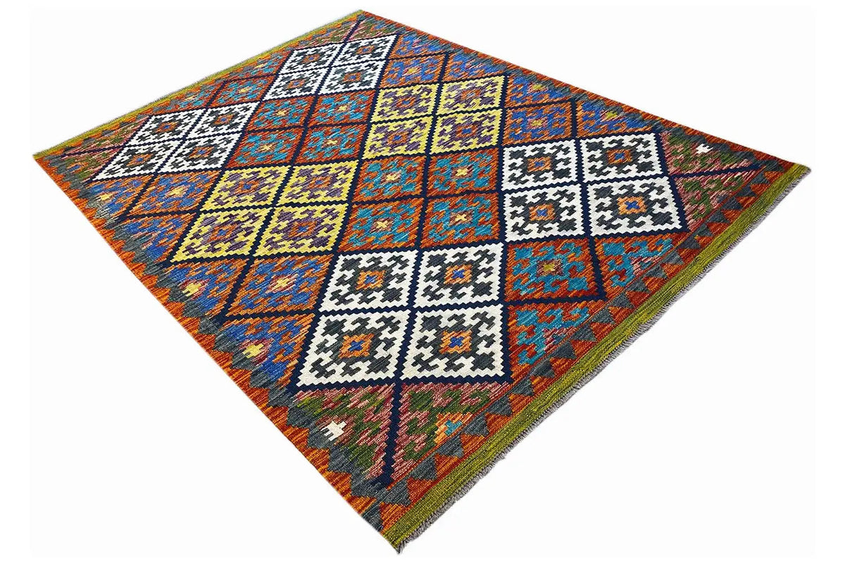 Kilim rug 202x152 cm, presented square, with geometric blocks in blue and red.