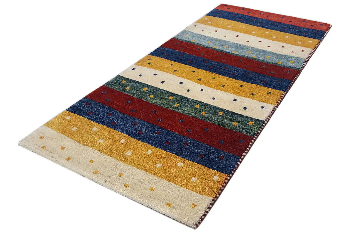 Gabbeh rug 142x66 cm laid flat, striped pattern with dots