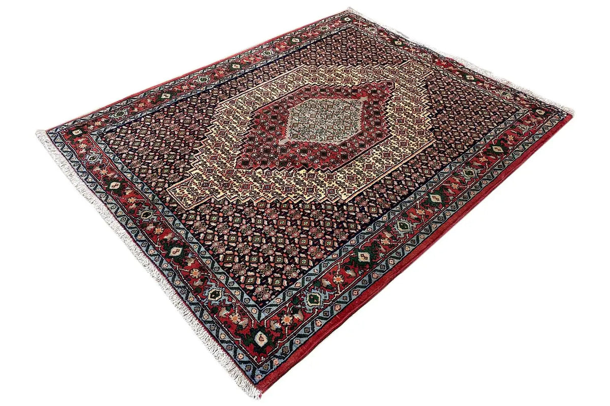 Hamadan rug with a diamond pattern: dark, with a red border and a delicate ornamental border.