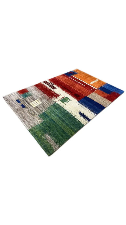 Gabbeh rug, diagonal multicolored geometric shapes on a beige background