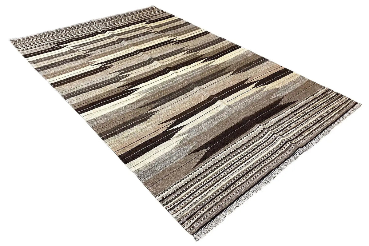Kilim Qashqai rug with a bound edge and stripes in brown, beige, and gray