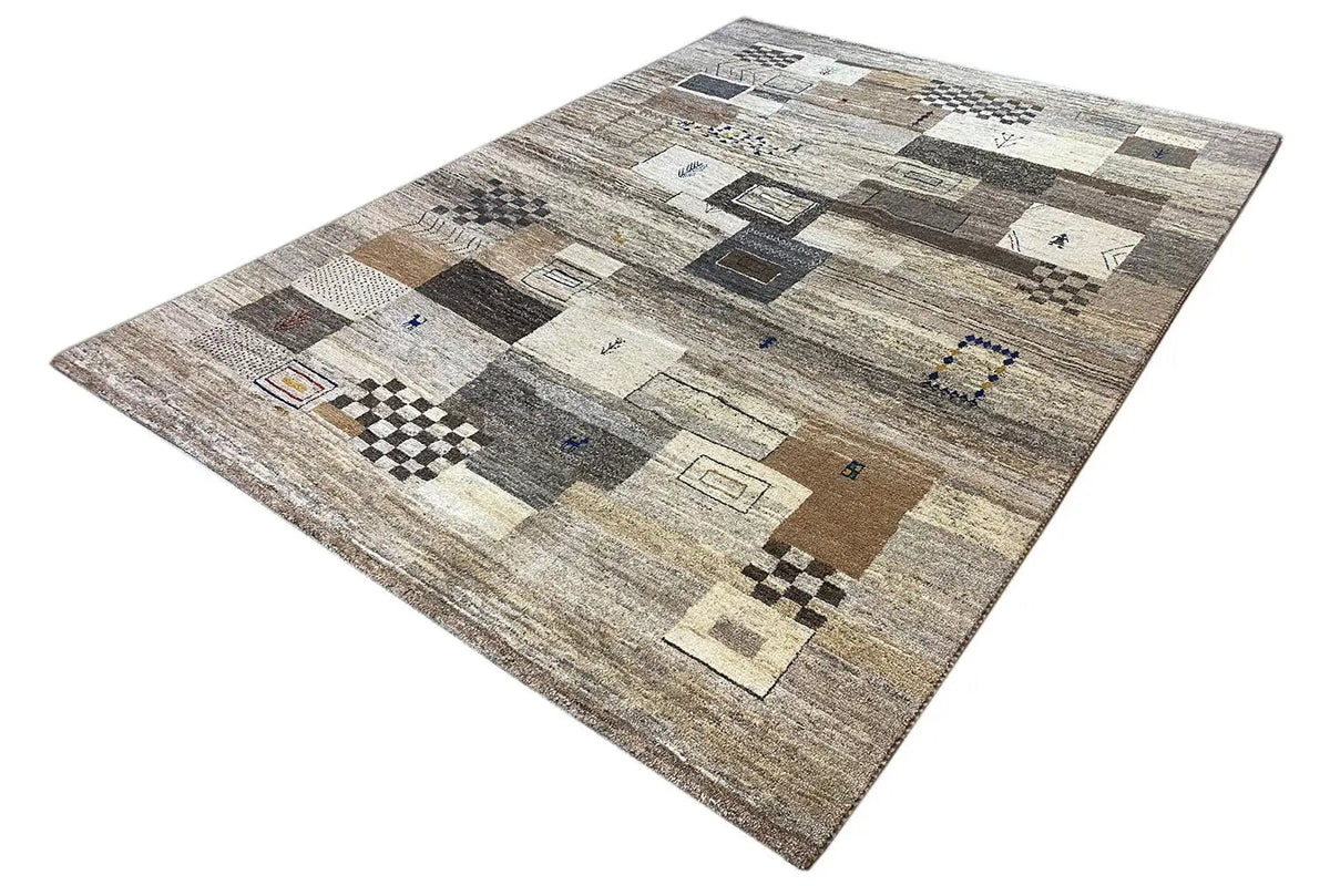 Gray-beige Gabbeh rug with geometric squares and dark accents