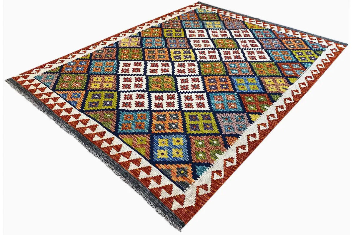 Afghan kilim with diamond, cross, and stripe patterns, spread diagonally, dark border