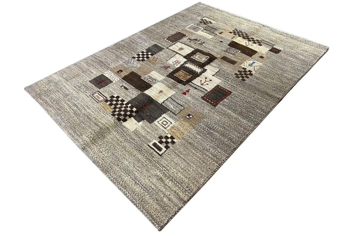 Gabbeh rug, rectangular, light gray with multicolored geometric tiles and lines