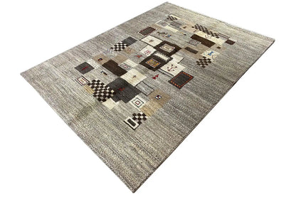 Gabbeh rug, rectangular, light gray with multicolored geometric tiles and lines