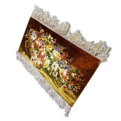 Angled view of a 79x39 cm rug with a bouquet of flowers on a dark brown background and gray fringes